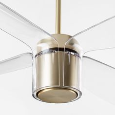 a ceiling fan with clear glass blades and a light fixture in the shape of a propeller