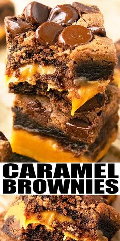 caramel brownies stacked on top of each other with the words caramel brownies above them