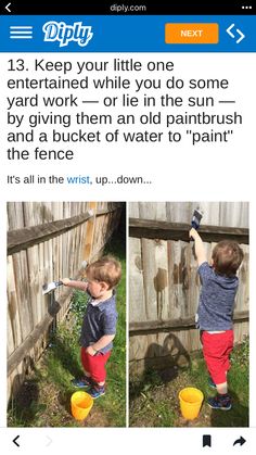 a little boy playing with some buckets in the yard, and then trying to paint it