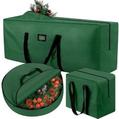 three green bags with christmas decorations on them