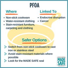 PFOA: Found in household goods with waterproof coatings like Gore-Tex and nonstick cookware, or in stain-resistant carpet and furniture. Toxic Products, Pizza Boxes, Household Goods, Toxic Free