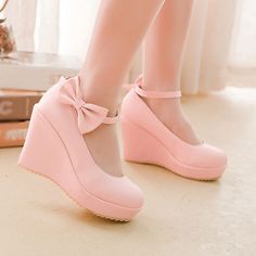 Customized Product. is not eligible for return. Ship In 3-14 Days.Fabric Material: PuColor: Pink. Beige Skor Sneakers, Bow High Heels, Kawaii Shoes, Prom Heels, Platform Wedge Heels, Fancy Shoes, Girly Shoes, Ankle Strap Wedges, Wedge Pumps