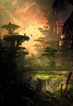 an image of a fantasy forest scene with trees and plants in the foreground at sunset