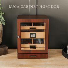 an image of a shoe cabinet that is on the table next to a potted plant