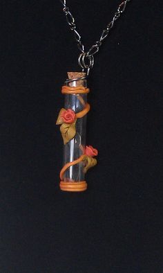 a glass jar with flowers inside is suspended from a silver chain on a black background