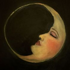 a painting of a woman's face in the shape of a crescent with her eyes closed