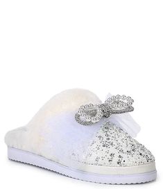 Gianni Bini ComfieeThree Rhinestone and Pearl Bow Faux Fur Slippers | Dillard's Pearl Bow, Faux Fur Slippers, Fur Slippers, New York Street, Fashion Color, Gianni Bini, Faux Fur Collar, Dillard's, Fur Collars