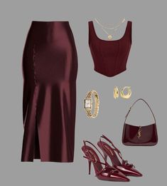 #red #fashion #aesthetic #outfits #heels #bag #elegant Fall Cocktail Attire, Dressy Outfits, Fashion Aesthetic