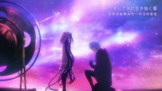 an anime scene with two people looking at the sky and one person holding a cell phone