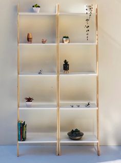 a white shelf with plants and books on it