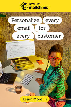 a woman sitting at a desk with a laptop and mouse in front of her, which says personalize every email for every customer learn more