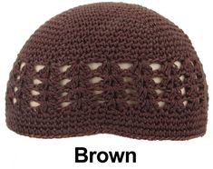 a brown crocheted hat is shown with the word, brown written in white