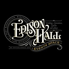 the epson hall event space logo on a black background with white lettering and an ornate swirl