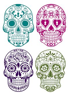 four sugar skulls in different colors