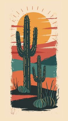 a cactus with the sun in the background and watercolor paint on it's side