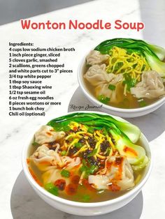 two bowls of wonton noodle soup on a marble countertop with instructions for how to make them