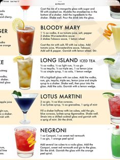 the different types of cocktails are shown in this poster