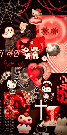 an assortment of stickers and decals on a black background with red, white, and pink designs