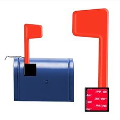 two red and blue mailboxes next to each other with an electronic device attached