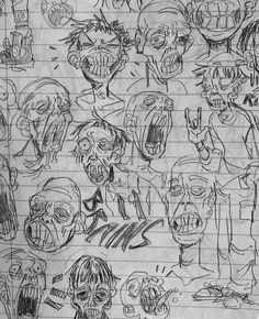 a bunch of drawings that are on top of a piece of paper with writing in it