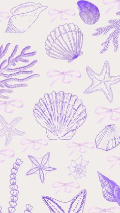 purple sea shells and starfish on a white background seamless wallpaper with pastel colors