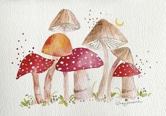 watercolor painting of three mushrooms in the grass