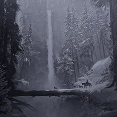 two people riding horses across a bridge over a waterfall in the woods with snow on the ground