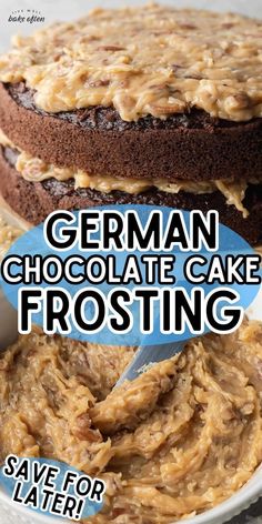 german chocolate cake frosting recipe with text overlay that reads, save for later