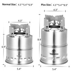 the top and bottom views of two stainless steel camping stoves, with measurements for each one