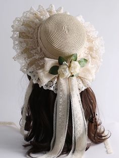 The hat is made of lace with camellia floral and bow. The hat can be used as a shade from the sun, the tie and floral on the hat are removable.   This price is for a straw hat only. SizeFree SizeHead Circumference56-58 Barettes Hat Outfit, 1800s Hats, Egl Accessories, Tudor Hairstyles, Cottagecore Items, Bow Sewing Pattern, Cute Hats For Women, Fascinator Hats Outfit, Sea Beast