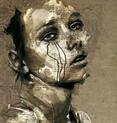 a painting of a woman's face with words all over her body and head