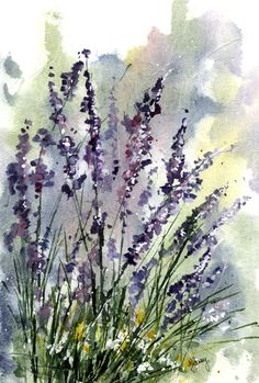 watercolor painting of lavenders in a vase with green leaves and purple flowers on it