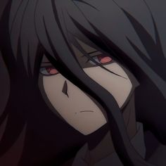 an anime character with long black hair and red eyes stares into the distance while staring at something