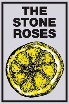 the stone roses logo is shown in black and yellow on a white background with an orange slice