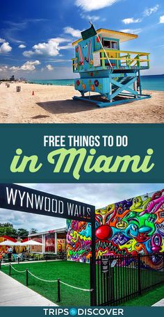 a beach with a lifeguard tower and the words free things to do in miami