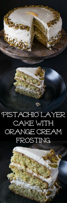 a cake with orange cream frosting and pistachio layer