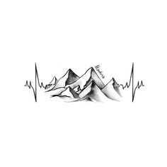 a black and white drawing of mountains with heartbeats