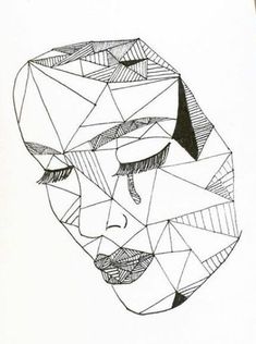 a black and white drawing of a person's face with geometric shapes on it