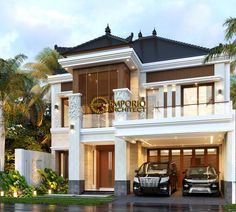 two cars parked in front of a luxury house