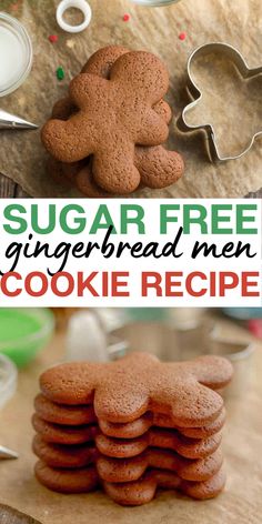 sugar free gingerbread men cookie recipe with cookies in the background and on top of each other