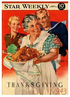 an old fashioned thanksgiving card with two people holding a turkey