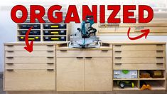 an organized workbench with drawers and tools on it's sides, labeled organizing