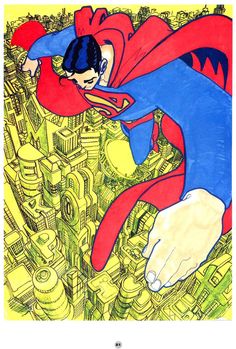 a drawing of a superman flying over a city