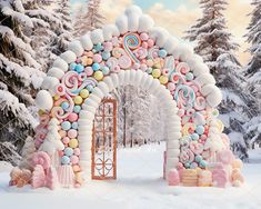 an arch made out of candy and marshmallows in the middle of a snow covered forest