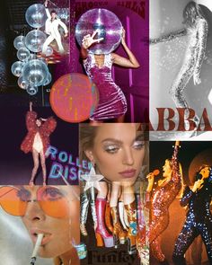 the collage shows different images of women in shiny outfits and accessories, including disco balls