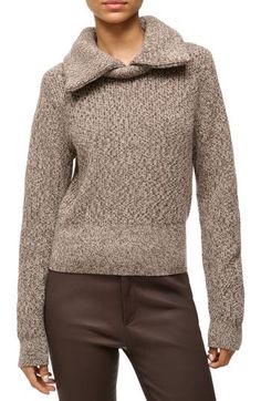 A mélange of wool-blend yarn brings autumnal cachet to a sweater knit with a chunky spread collar. Spread collar Long sleeves Ribbed cuffs and hem 50% wool, 50% nylon Dry clean Imported Brown Textured Knit Wool Sweater, Fall Wool Knit Sweater, Chunky Knit Wool Sweater For Fall, Taupe Knit Sweater For Fall, Brown Wool Sweater For Fall, Fall Workwear Sweater With Knit Fabrication, Wedding Guest Coats, Structured Handbags, Collared Sweater