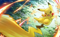 the pikachu is flying through the air with fire coming out of its mouth