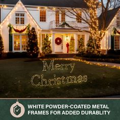 a white house with christmas lights and wreaths on the front door is featured in an ad for merry christmas