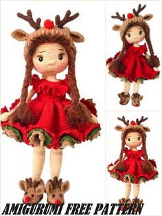 the doll is wearing a red dress with deer antlers on it