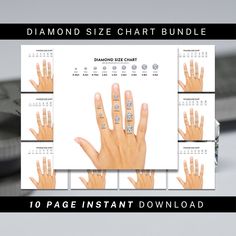 Jewelry Business Bundle: 9 Diamond on Hand Size Charts + FREE Diamond Carat to Millimeter Conversion Chart! These are an essential tool for anyone working with diamonds. The easy-to-read, accurate guide will help you quickly and confidently convert carat weights to millimeter sizes. Our 9 Diamond on Hand Size Charts can be uploaded to your website to give your clients a better idea of diamond sizing on their hand. Perfect for virtual consultations!  Key Features: ⭐️Size Guide for Clients: Displa Diamond Sizes On Hand, Carat Sizes On Hand, Diamond Carat Size Chart, Carat Size Chart, Diamond Chart, Diamond Size Chart, Diamond Carat Size, Conversion Chart, Hand Type